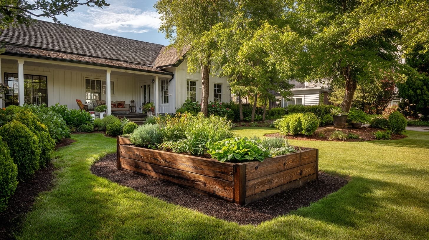 Well-maintained suburban garden with raised flower beds, fresh mulch, and a manicured lawn